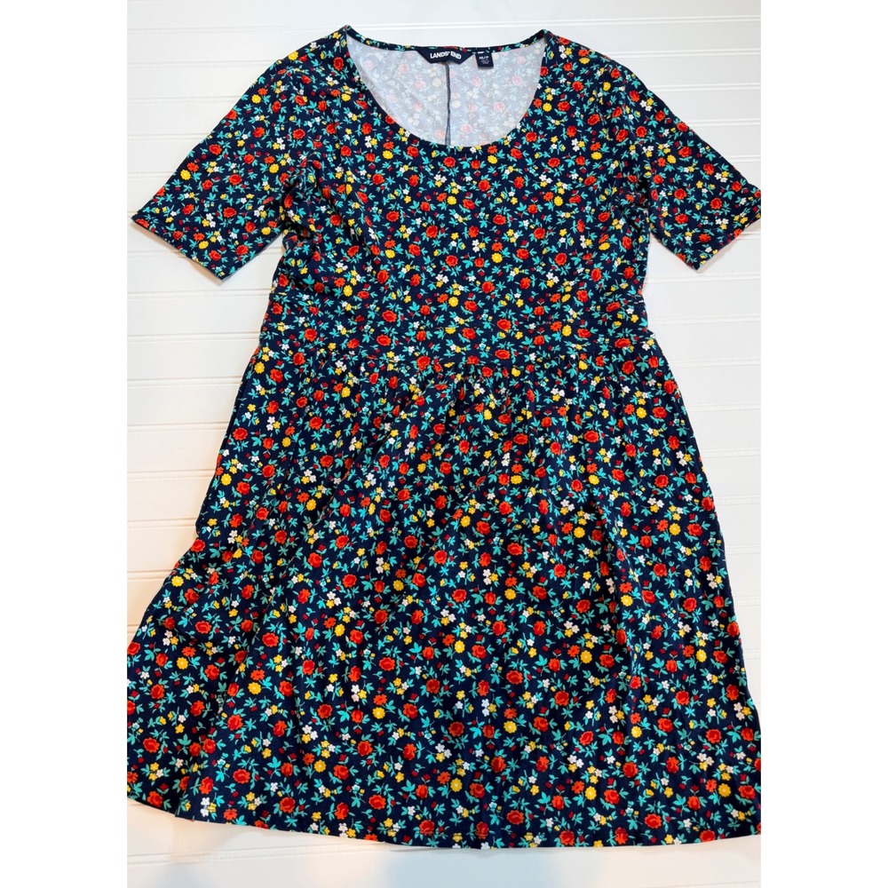 Lands End Womens Floral Knit Dress Navy Blue Short Sleeve Cotton Modal M 10-12